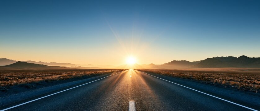 Sunrise over a long straight road in a wide open landscape with mountains in the background