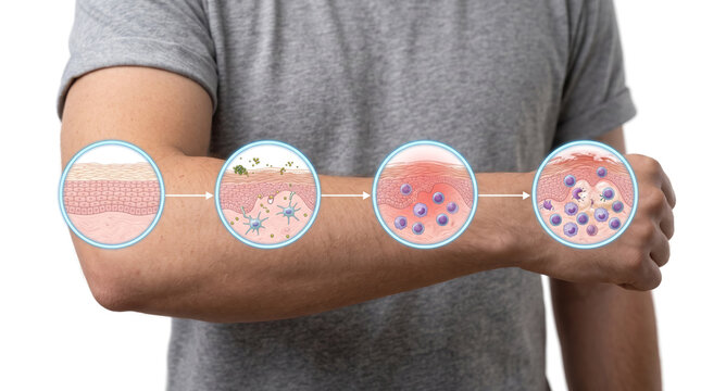 Atopic Dermatitis Eczema Skin Inflammation Allergic Skin Disease, Medical illustration showing progressive immune response skin barrier damage and inflammatory lesions