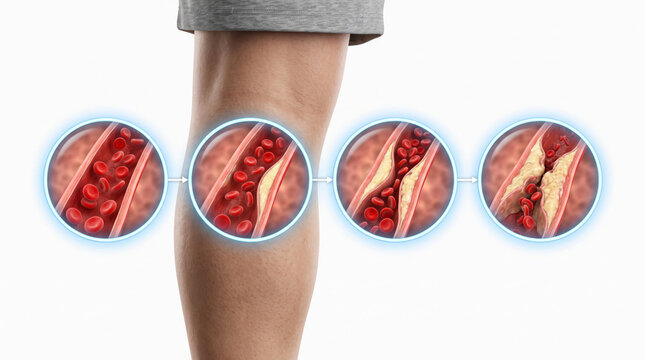 Deep Vein Thrombosis Blood Clot Venous Thrombosis Vascular Disease, Medical illustration showing progressive clot formation reducing blood flow in a lower leg vein