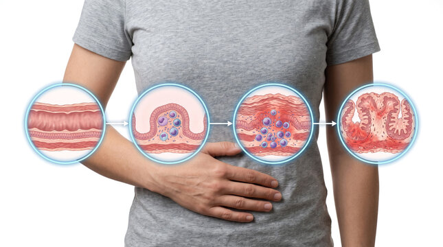 Crohn Disease Inflammatory Bowel Disease Transmural Inflammation Intestinal Inflammation, Medical illustration showing progressive bowel wall inflammation ulceration and immune cell infiltration