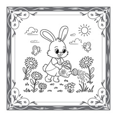 Fototapeta premium Cute Easter Bunny Watering Flowers in Spring Garden Coloring Page with Decorative Floral Border