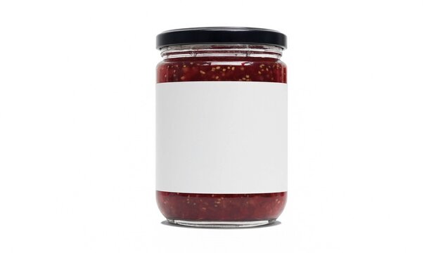 Glass jar with red fruit jam and wide blank white label isolated on white background, grocery mockup