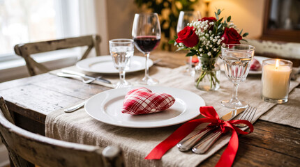 Fototapeta premium Romantic dinner table setting for two. Valentine's Day celebration with wine and roses.