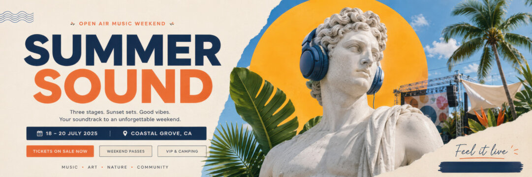 Summer music festival poster template layout with classical Greek statue wearing headphones and paper collage elements