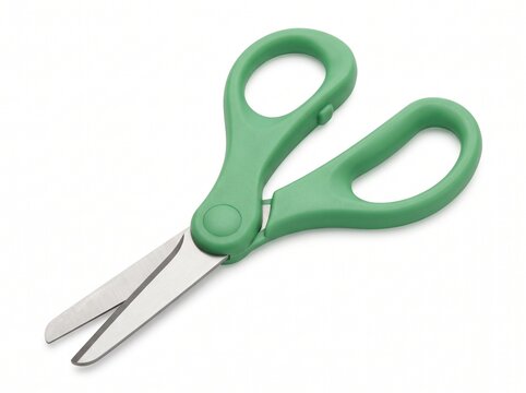 Green safety scissors for children with rounded tips on a white background