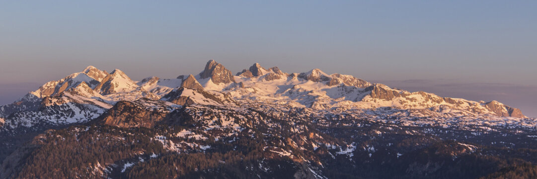 View of the Dachstein glacier with snow-covered peaks, rocky ridges, and coniferous forests under a clear sky at golden hour in Liezen District, Styria, Austria.