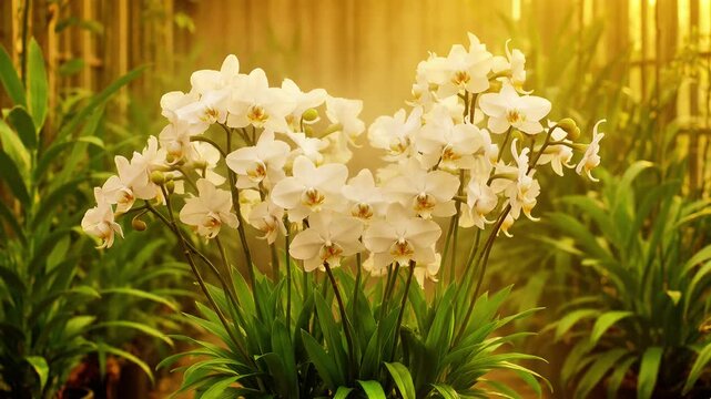 Abundance of white orchid flowers with yellow centers glowing in soft golden light, close up blooming floral plant