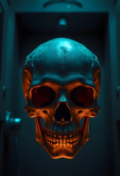 Human skull with dramatic orange and teal lighting, anatomy and mortality concept, dark background