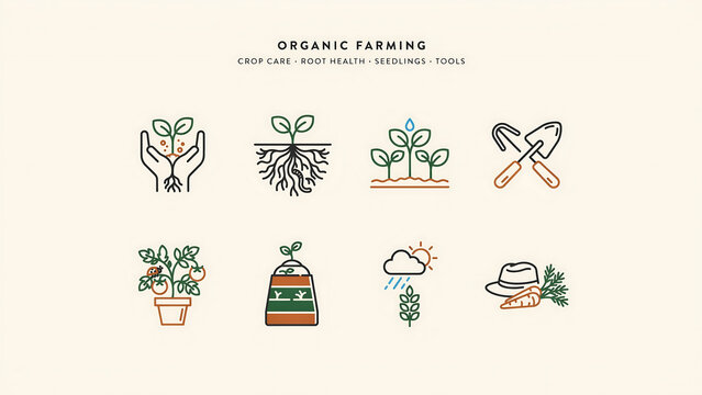 Organic farming icon set, sustainable agriculture line art collection, 8 gardening and crop care symbols, eco friendly seedling and root health graphics