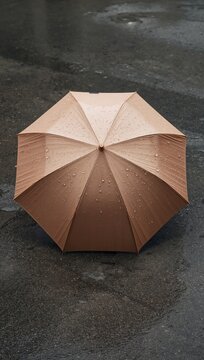 Brown umbrella with water droplets resting on a wet surface, showcasing a textured fabric pattern and a symmetrical design in an outdoor setting