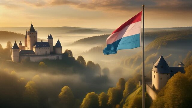 Luxembourg Castle and Flag in a Misty Morning Landscape image photo