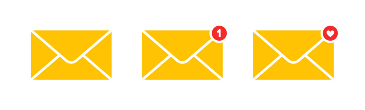Email notification icon set. Yellow envelope mail symbols