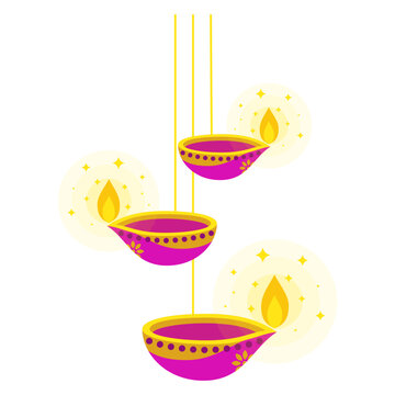Elegant hanging diya oil lamps with burning flame and glowing lights isolated. Festive Diwali decoration. Golden, pink, yellow, purple color. Vector illustration