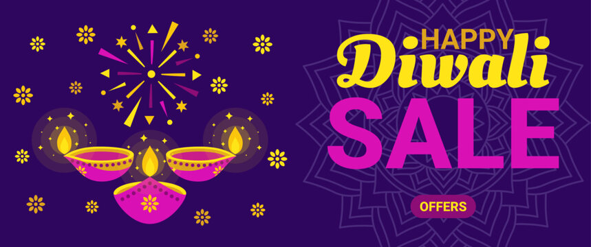 Happy Diwali sale banner with hanging diya lamps, rangoli mandala ornament, and special offer text on dark purple background. Vector illustration