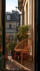 Obraz premium Cozy balcony with rattan chair and potted plants, sunlight illuminating the space, featuring a view of buildings in the background and a decorative railing