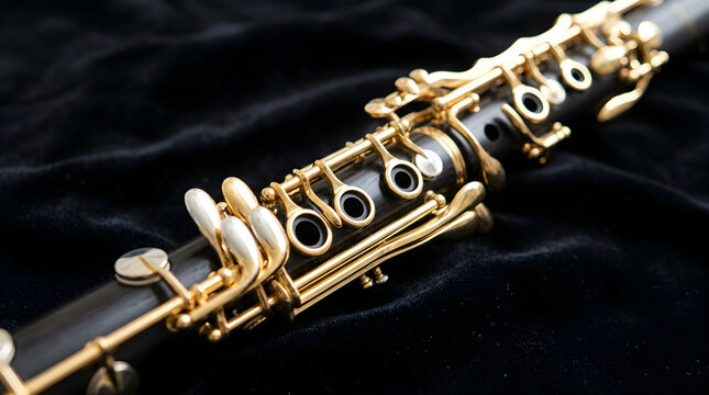 Close-up of a black clarinet with shiny gold keys against a dark, textured background. Perfect for music education and performance concepts.