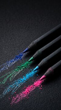 Close-up of colored pencils creating blue, green, cyan and pink strokes on a textured black surface. Creative composition for art, education and design concepts.