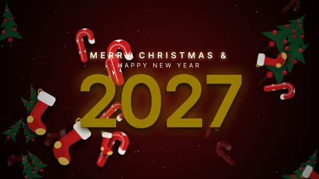 Merry Christmas 2027 gold text appearing with falling candy canes
