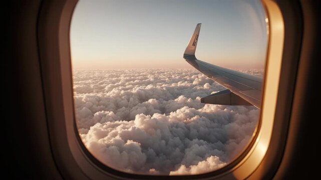 Aerial travel perspective: window view, airplane wing, scenic flight, golden sunset, fluffy cloud, soft atmosphere, peaceful journey, high altitude, serene sky.