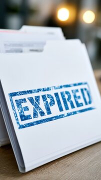Stack of documents marked with a bold blue expired stamp symbolizing outdated or invalid paperwork on wooden office desk with blurred background lighting