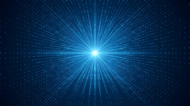 A radiant blue light source at the center emits luminous dotted lines through a dark blue abstract tunnel. This image represents digital data flow.
