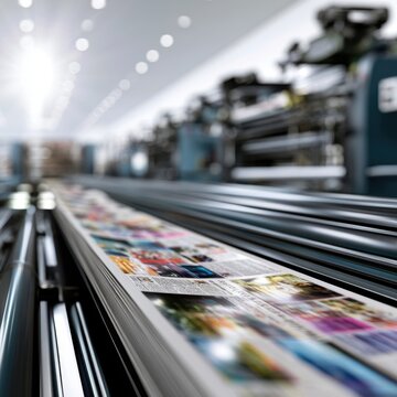 High-speed industrial printing press producing vibrant, colorful magazines with a depth of field effect inside a modern factory environment