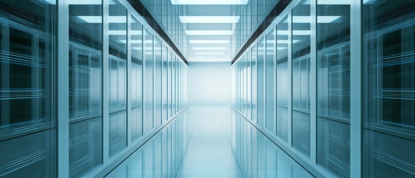 Server room with rows of computer racks and bright overhead lights