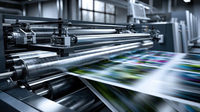 Industrial printing machine rapidly producing high-quality vibrant color posters and graphics in a modern commercial print shop environment