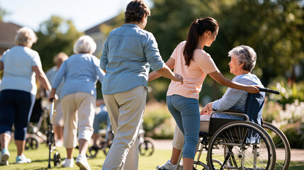 Obraz premium Senior friends of asian descent with mobility aids photographed from behind exercising together in a bright care home garden with a teen girl relative assisting an older woman