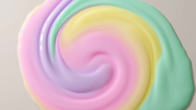 Slow motion top down pan of pastel cream swirl mixing and folding on neutral studio tabletop surface