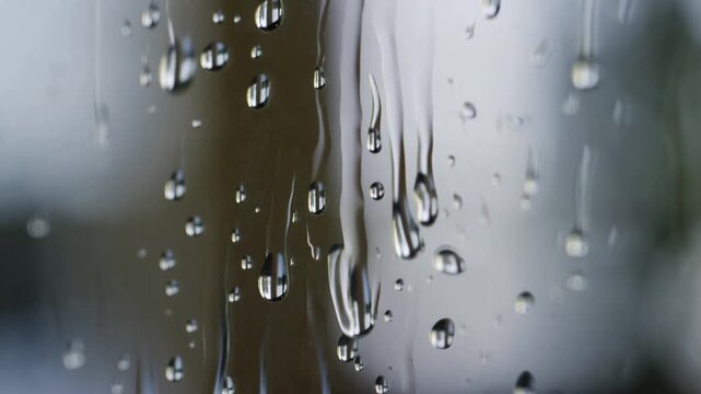 Slow motion close up tracking of raindrops sliding down glass pane on window with blurred background on overcast morning
