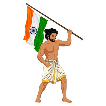 South Indian Man in Veshti Holding Indian Flag Independence Day Vector
