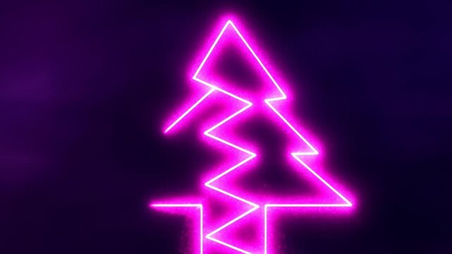 Zoom in neon line forming christmas tree outline on dark purple backdrop with glowing pink light