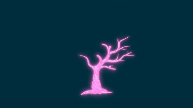 Time lapse static shot of neon pink tree growing from sprout into branching trunk on dark minimal background