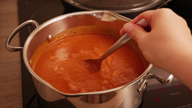 Fresh tomato and red bell pepper soup boiling in pot with steam rising. Rich delicious simmering homemade vegetable soup.