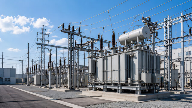 変電所に設置された高圧変圧器と電力網設備