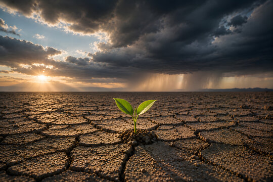 Green Seedling in Dry Desert with Rain Approaching on the Horizon, Hope and Renewal Concept