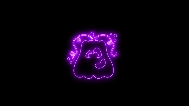 Glowing Purple Neon Halloween Pumpkin Face Animation on Black Background 4K