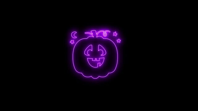 Glowing Purple Neon Halloween Pumpkin Face Animation on Black Background 4K