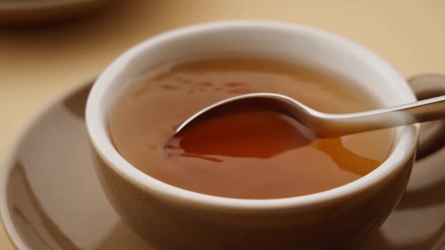 Slow motion close up of spoon stirring tea in ceramic cup and saucer on kitchen table with soft warm amber lighting and gentle ripples