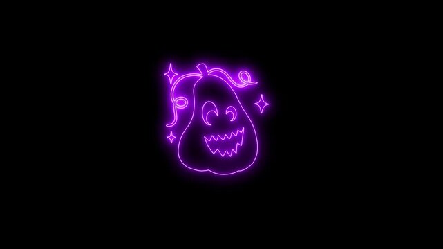 Glowing Purple Neon Halloween Pumpkin Face Animation on Black Background 4K