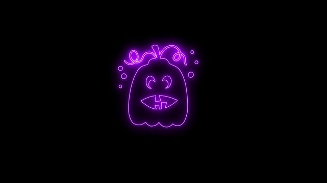 Glowing Purple Neon Halloween Pumpkin Face Animation on Black Background 4K