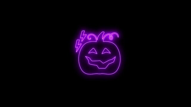 Glowing Purple Neon Halloween Pumpkin Face Animation on Black Background 4K