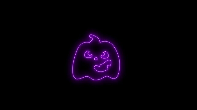Glowing Purple Neon Halloween Pumpkin Face Animation on Black Background 4K