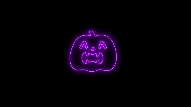 Glowing Purple Neon Halloween Pumpkin Face Animation on Black Background 4K