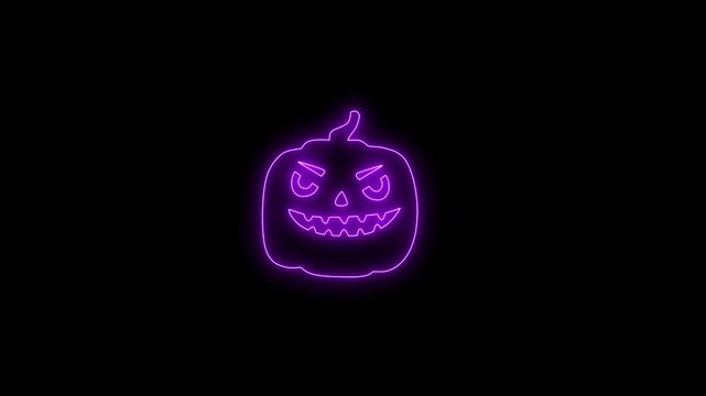 Glowing Purple Neon Halloween Pumpkin Face Animation on Black Background 4K