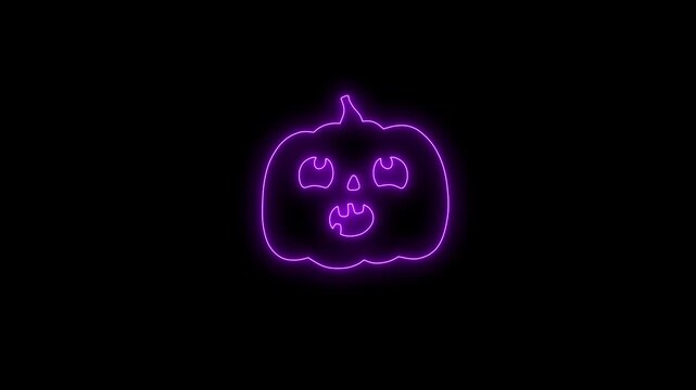 Glowing Purple Neon Halloween Pumpkin Face Animation on Black Background 4K
