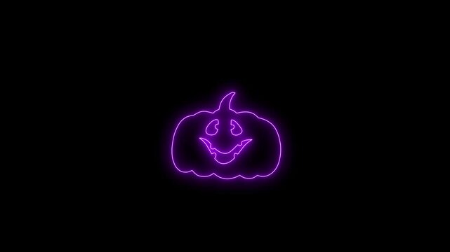 Glowing Purple Neon Halloween Pumpkin Face Animation on Black Background 4K