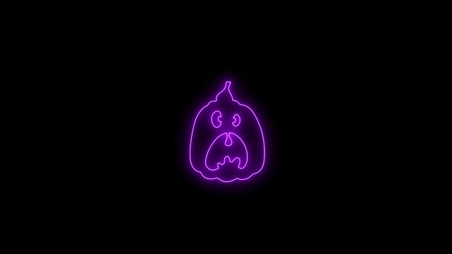 Glowing Purple Neon Halloween Pumpkin Face Animation on Black Background 4K