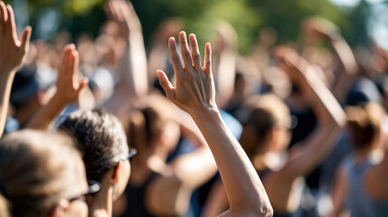 Fototapeta premium Enthusiastic spectators photographed from behind cheering at a bright charity run in a park faceless rear view crowd with raised arms clean sunny daylight charity run cheering